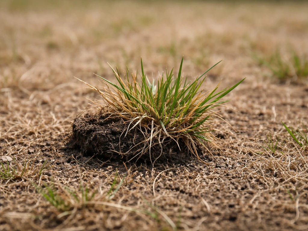 Close-up van bruin droog gras met wat groen onderaan, naast een handtest met grond om leven te checken.