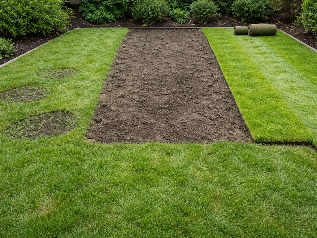 Tuin met drie duidelijk gescheiden zones: doorzaaien, renoveren en zoden leggen; gras op een concrete manier vergeleken.