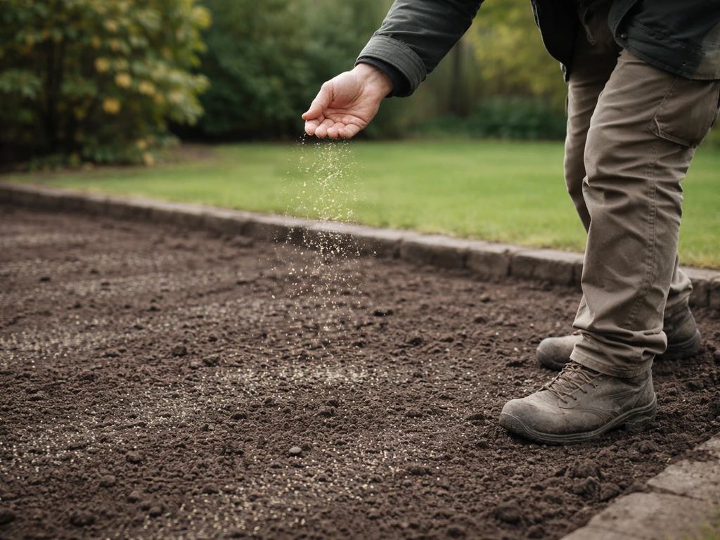 Anonieme hand die graszaad gelijkmatig over een geharkte tuinplek strooit (kruispatroon), zaad is zichtbaar.
