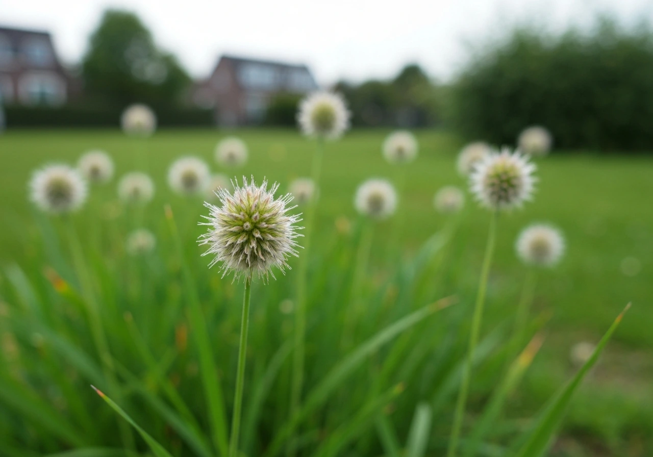 Opvallende beemdlangbloem-polletjes tussen gezond, groen gazon met onscherpe achtergrond