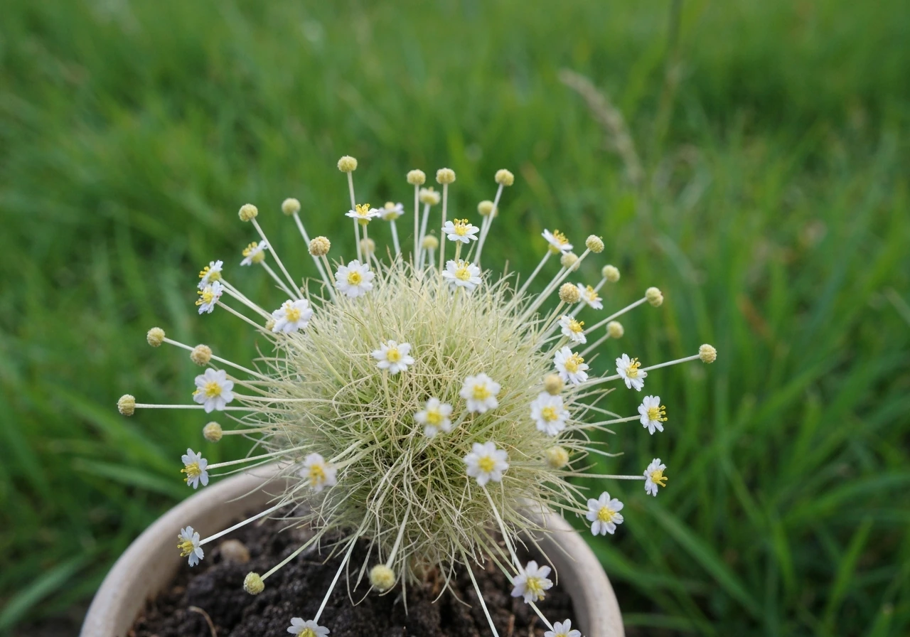 Close-up van beemdlangbloem in het gazon, met losse polletjes/toefjes in plaats van een dichte mat.