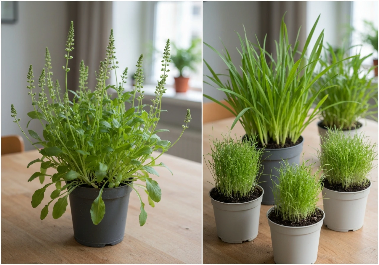 Beemdlangbloem en vergelijkbare grassoorten in potjes op een tafel, met focus op groeivorm en bloei.