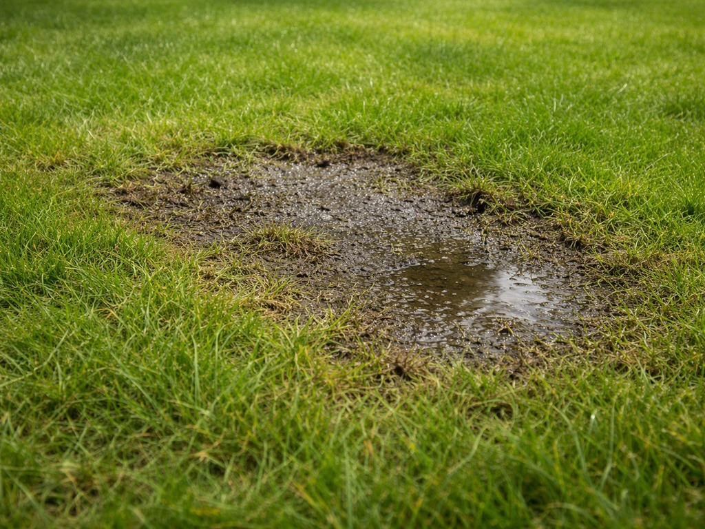 Close-up van een gazonplek die sneller nat blijft, met donkerder, dunner gras en vochtige grond.