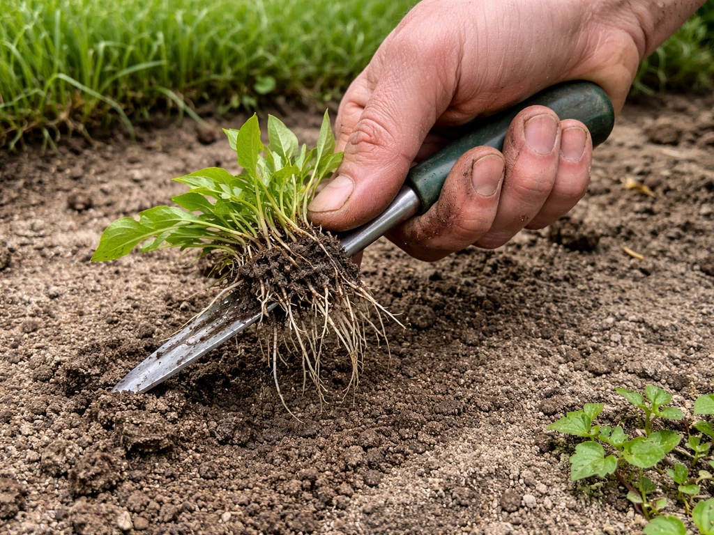 Hand met smalle wortelsteker haalt een polletje onkruid uit de grond; rizomen zijn zichtbaar.