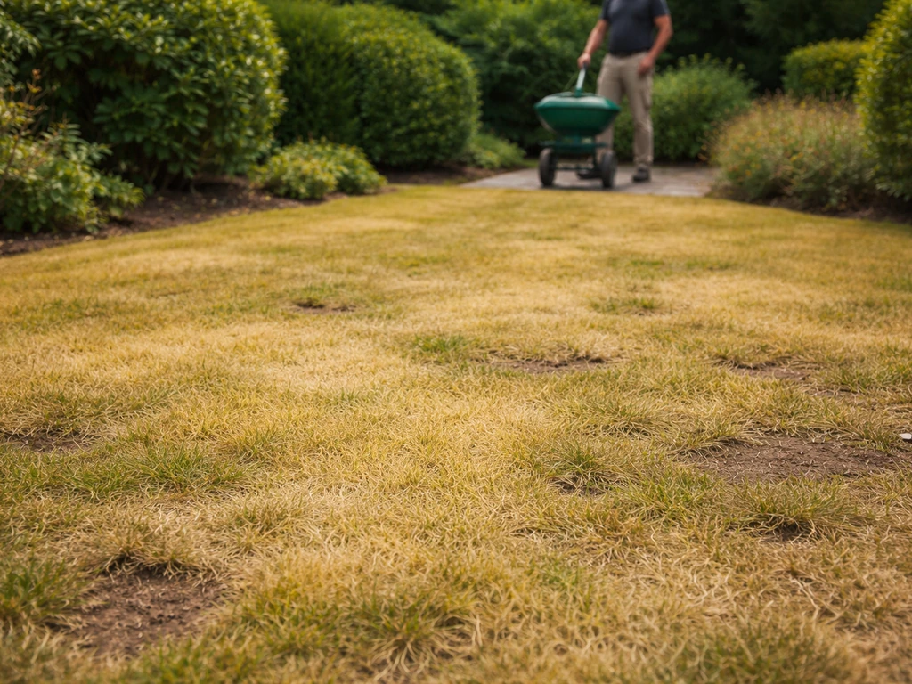 Breed beeld van een Nederlands gazon met geel verkleurd gras, met tuinman en kalkstrooier op de achtergrond.