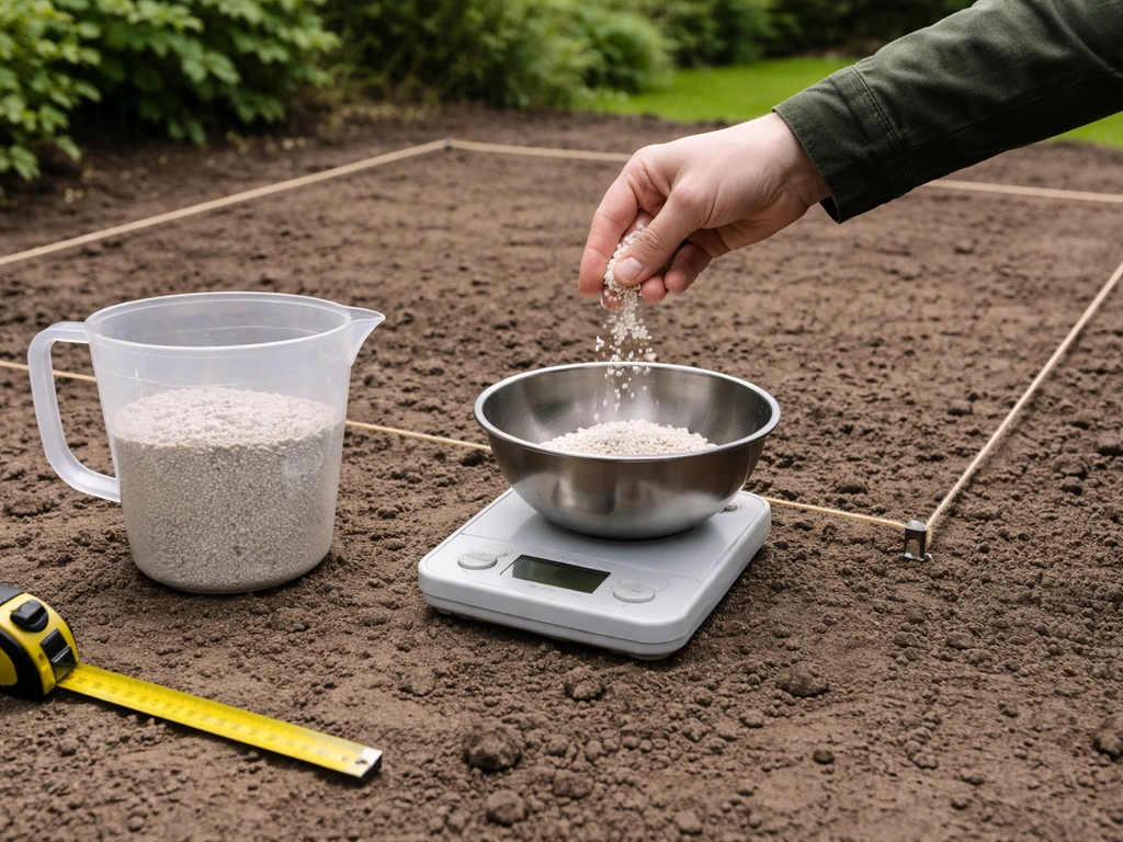 Weegschaal met kalkkorrels naast een maatblok en tuingereedschap in een eenvoudige tuin-setting