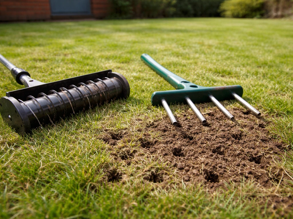 Verticuteerrol en beluchtingsprikwerk in een gazon met zichtbare gaatjes en viltlaag.