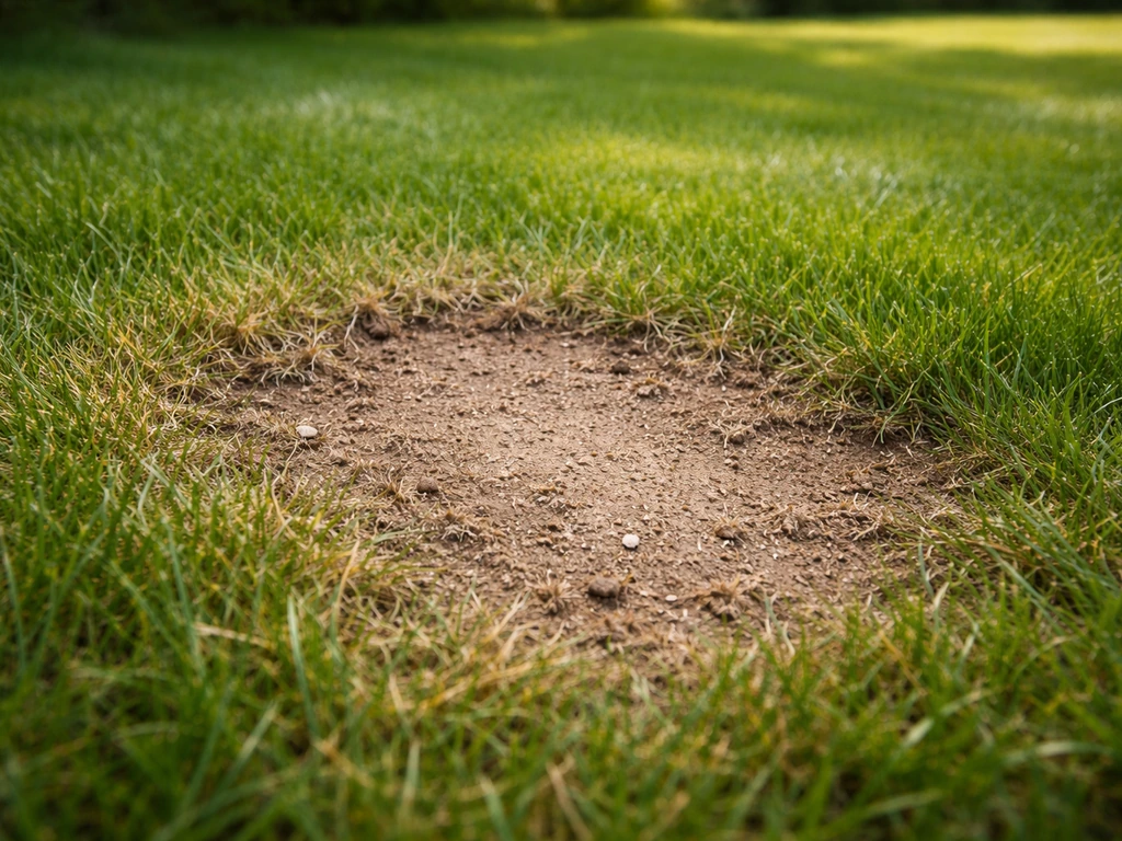 Close-up van een kale plek in het gazon met deels afgestorven gras en blootliggende grond naast gezond groen gras.