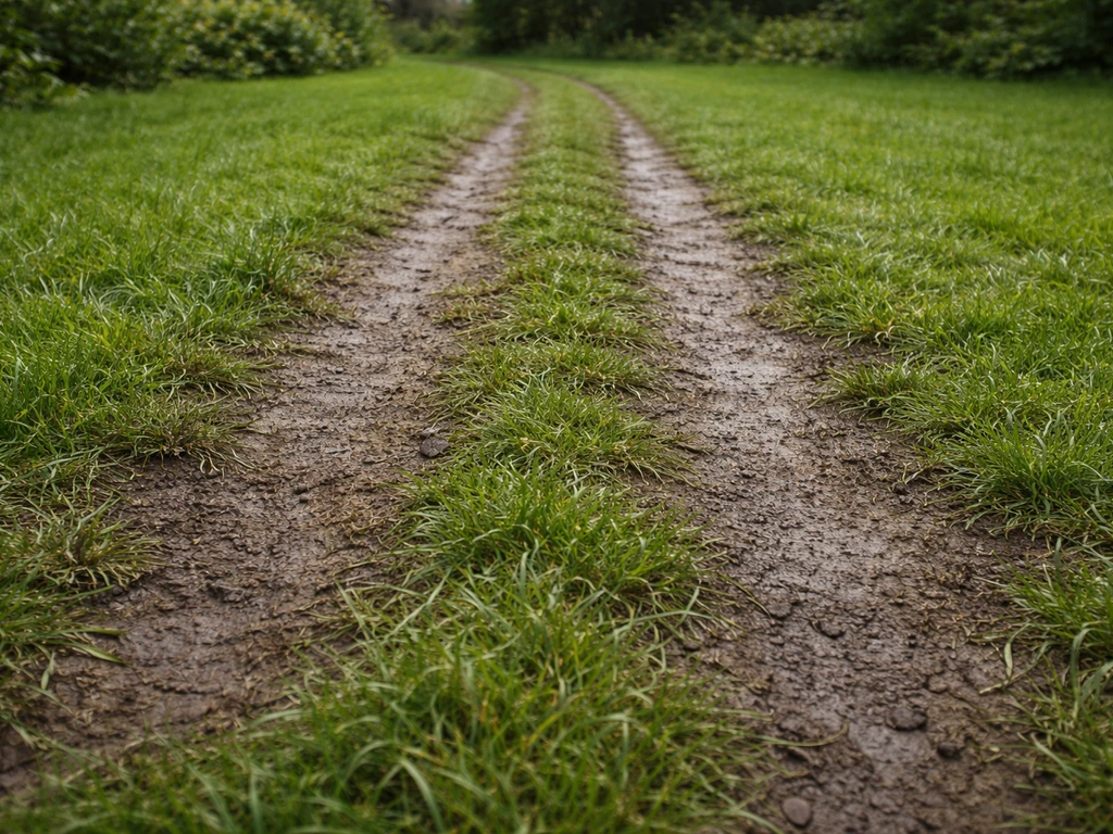 Platgedrukte, beschadigde grasstroken en verdichte grond langs een looproute in een Nederlandse tuin.