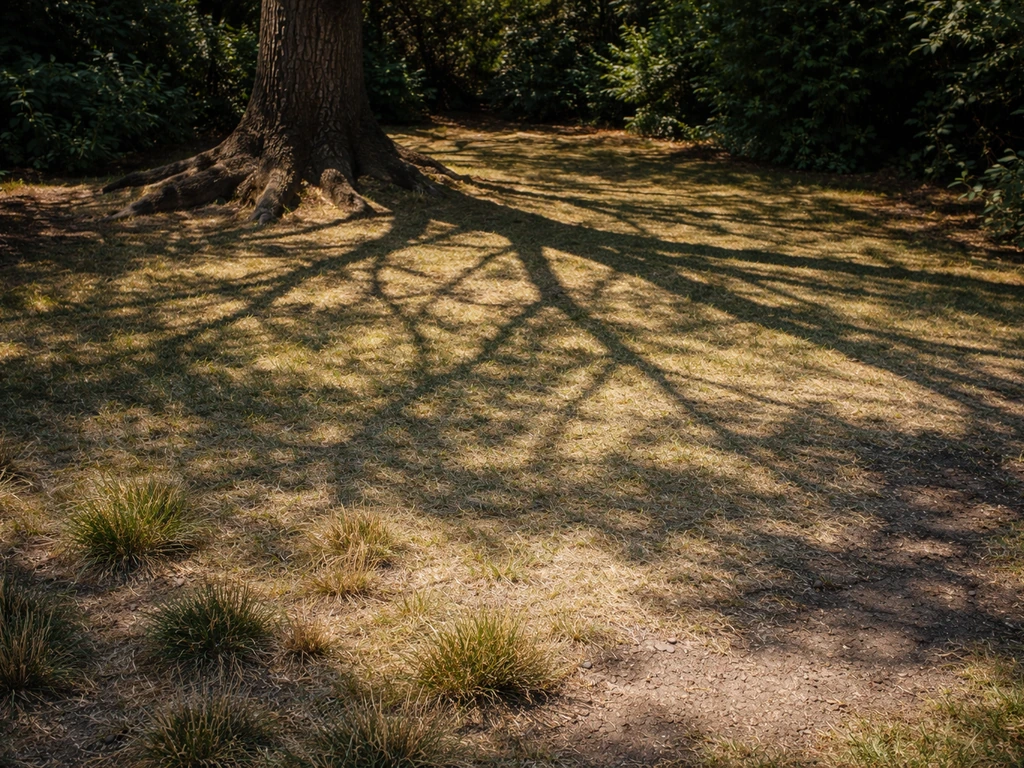 Kale grasstrook onder een boom met schaduwlijnen en schaarse grassprietjes in een stille tuin.