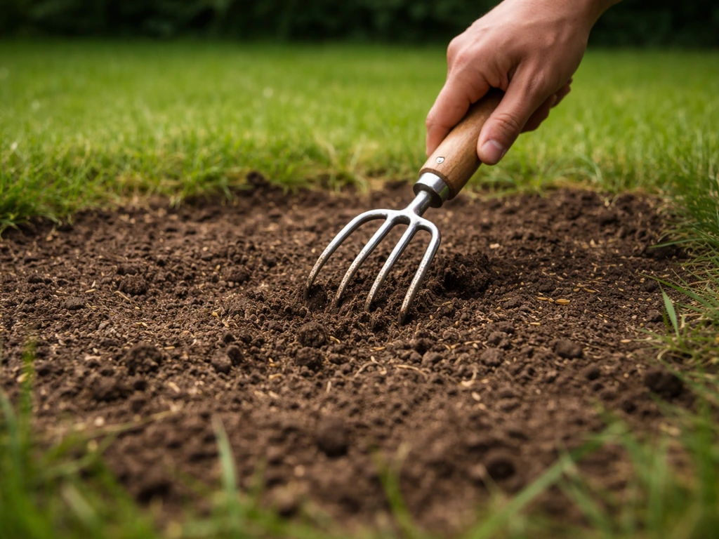 Hand met hark maakt kale plek los en zaait graszaad in opengewerkte grond in de tuin.