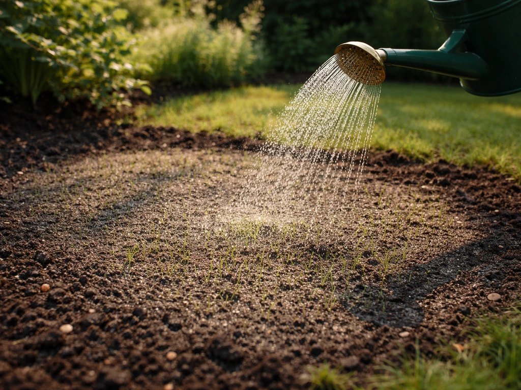 Gieter met fijne sproeikop die een nieuw ingezaaide kale plek in de tuin licht bevochtigt; kleine sprietjes zichtbaar.