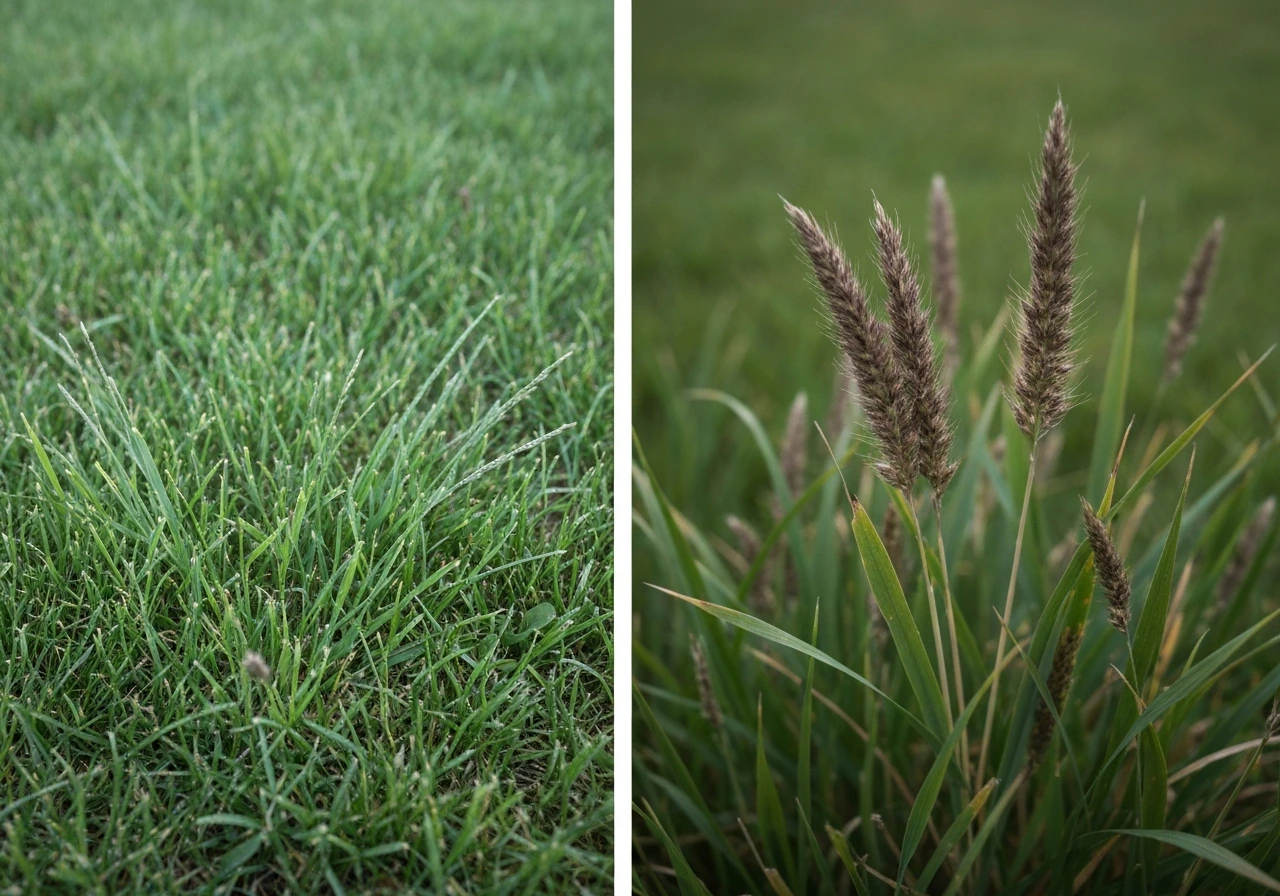 Links grijsblauw waas van droogtestress, rechts donker en klam gazon met slechte hergroei.