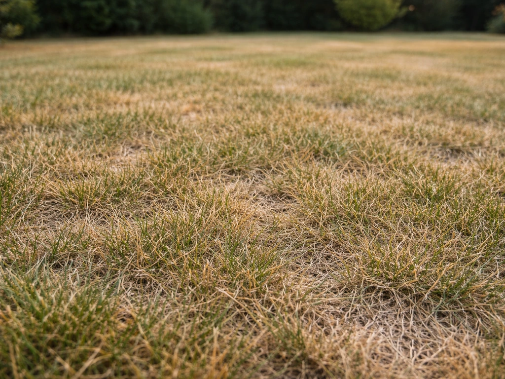 Close-up van een droog, geelgroen/grijs gazon met ongelijkmatige, uitgedroogde plekken.