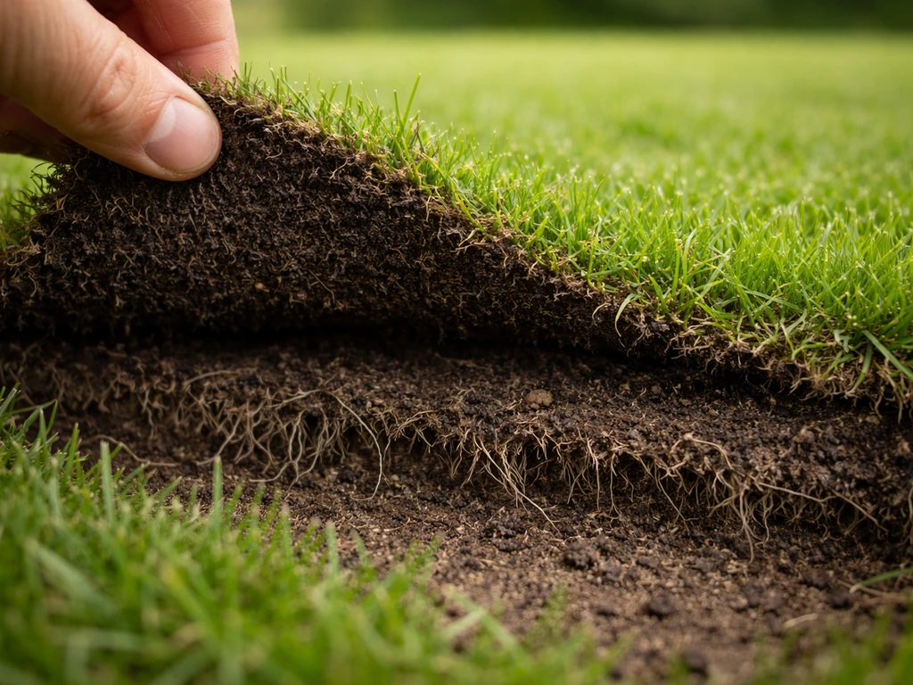 Close-up van grasvilt dat uit een grasmat wordt gelicht, met donker vilt en blootgelegde bodem eronder.
