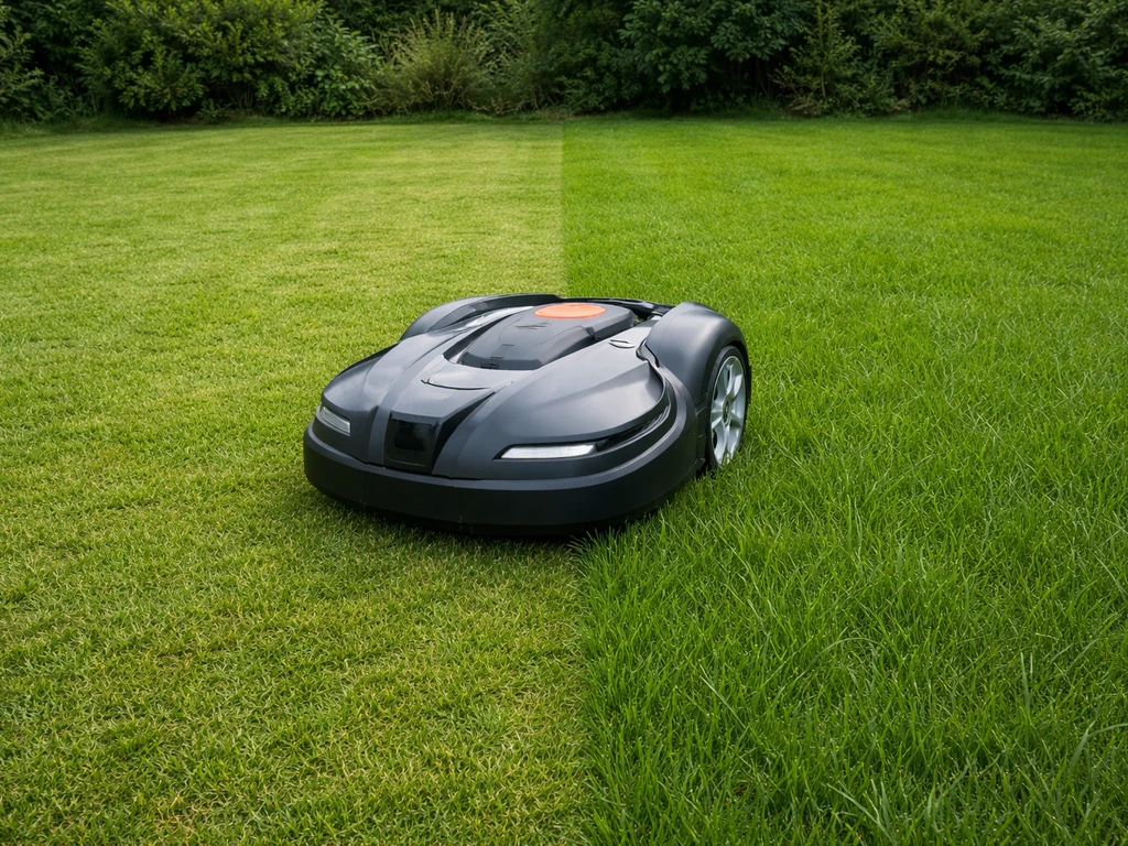 Robotmaaier op een gazon met duidelijk verschil in graslengte en een subtiele snijlijn.