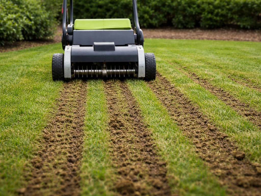 Verticuteer-/beluchtingsmachine werkt in een gazon, met zichtbare parallelle sleuven in het gras.