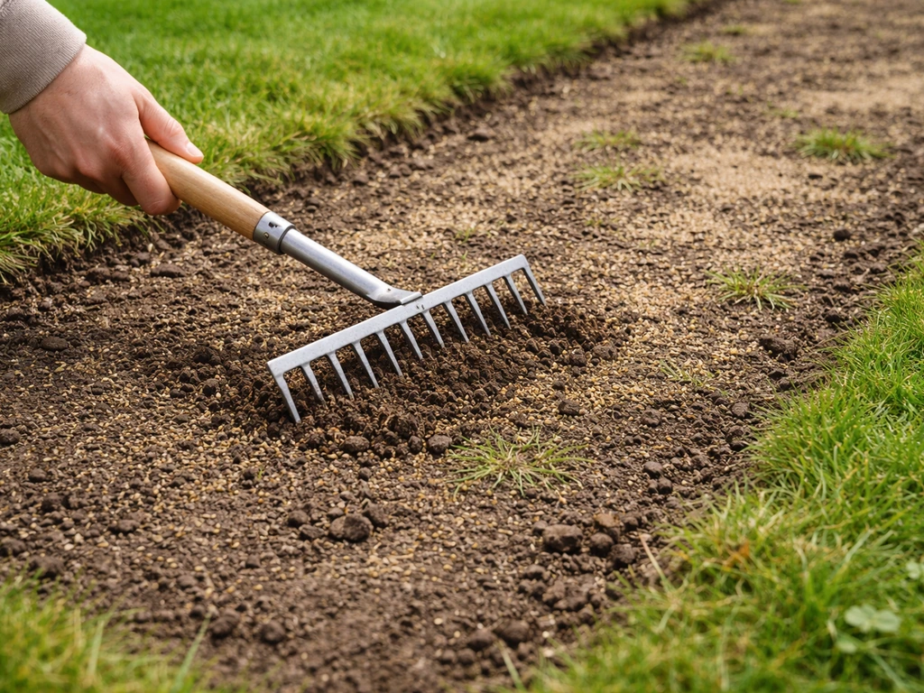 Tuinierhark werkt op kale grasplekken; afgebakende stroken moeten later weer groen worden