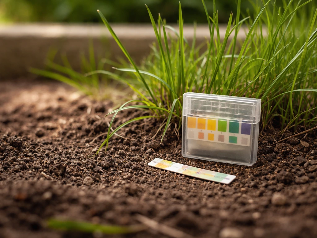 Close-up van tuinaarde en een pH-teststrip bij het gras, met natuurlijk licht in een stille tuin.