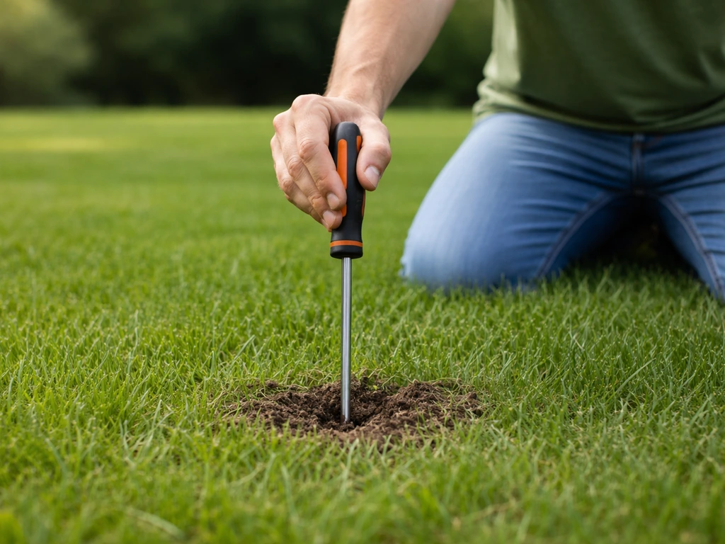 Iemand steekt een metalen staaf in het gazon om bodemvocht te checken, diepte circa 15 cm.