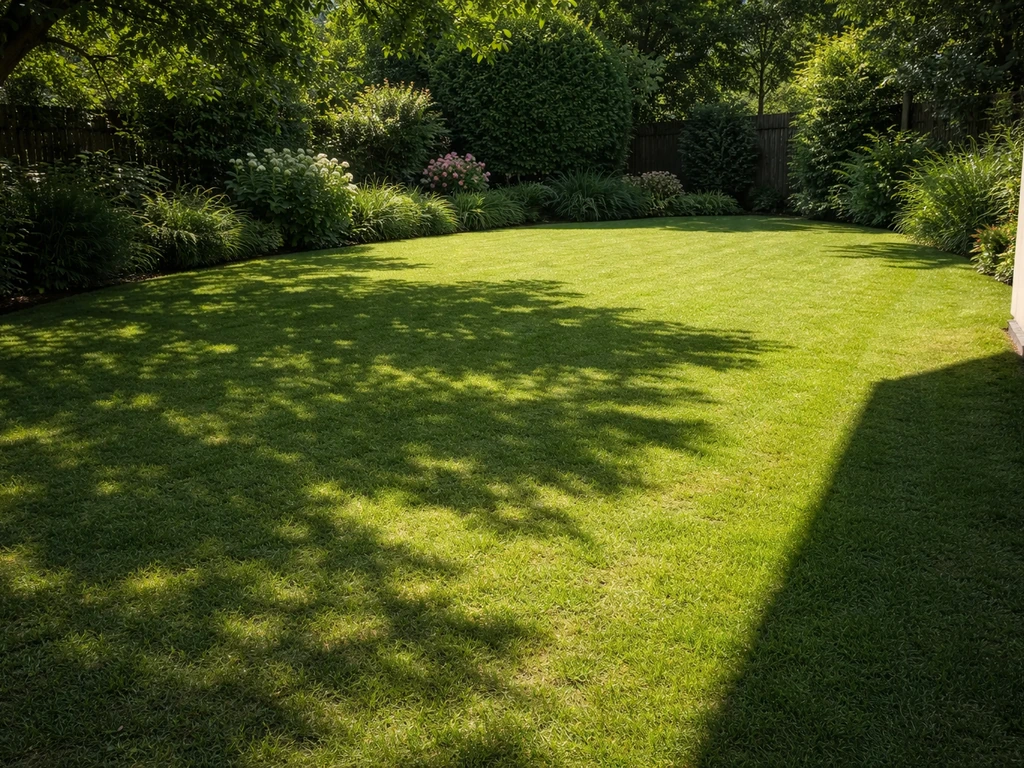 Gazon met duidelijke schaduwstrepen van boom en een heldere zonnige strook vooraan