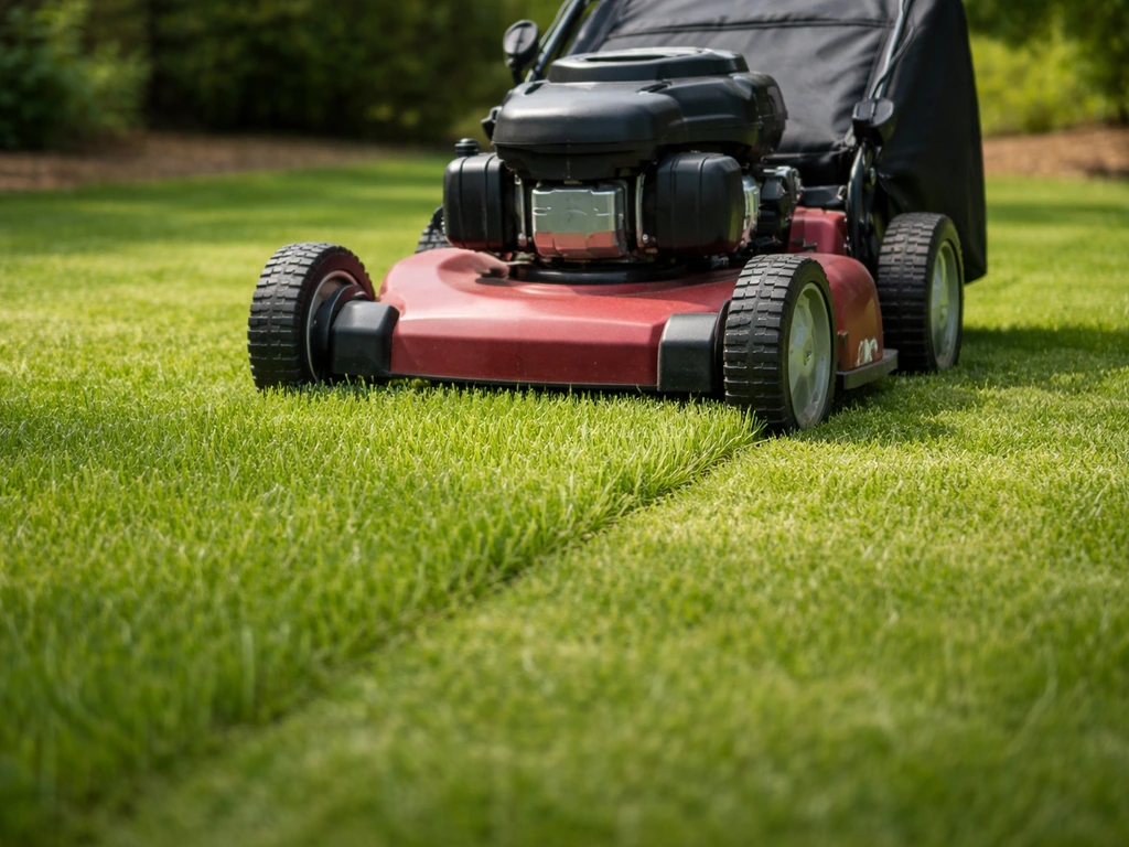 Gazon dat op hogere maaistand wordt gemaaid: grasmaaier met licht groen gras zonder kale plekken.