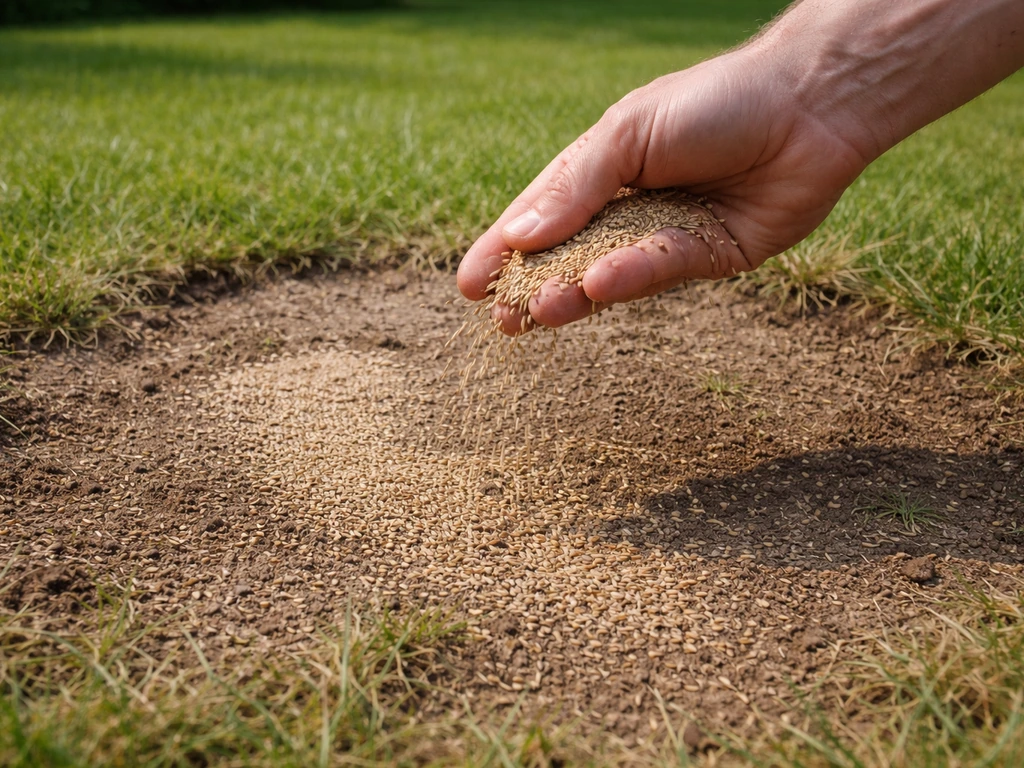 Hand strooit gazonherstelzaad gelijkmatig uit op een kale plek in het gras, met zichtbare zaadkorrels.