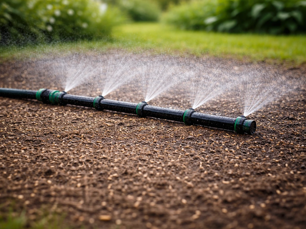 Tuin na het inzaaien: sproeislang met sproeikoppen houdt de bovenste grondlaag continu vochtig