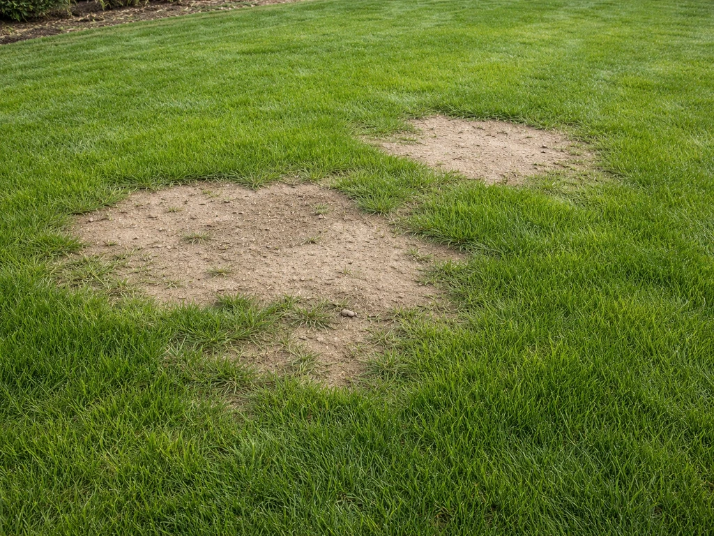Nieuw aangelegd gazon met frisse groene sprieten rondom duidelijke kale plekken in de grond.