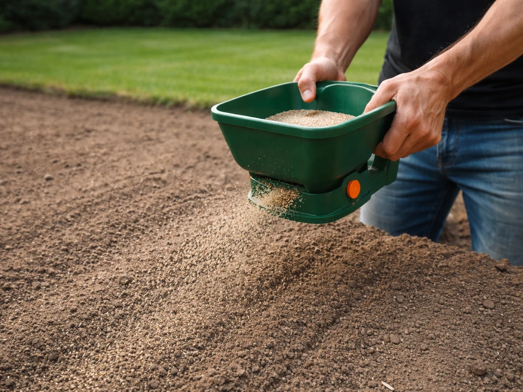 Handen die graszaad gelijkmatig uitstrooien op kale tuingrond, met zichtbare ingezaaide stroken.