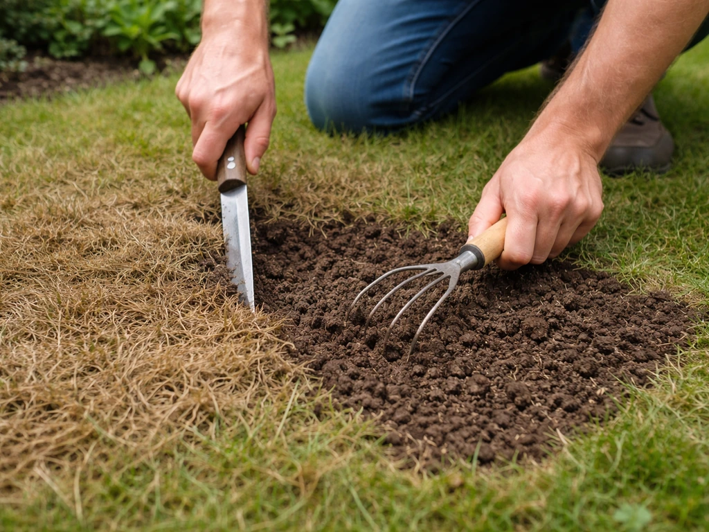 Tuinier knielt op gras en steekt/krabt bruin dood gras weg en maakt de bodem open voor doorzaaien.
