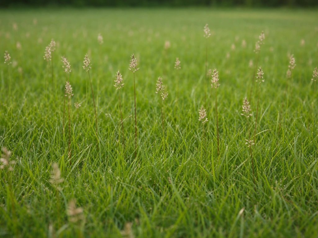 Verspreide zaadpluimen en bloeiaren steken uit het gras in een Nederlands tuin-gazon.