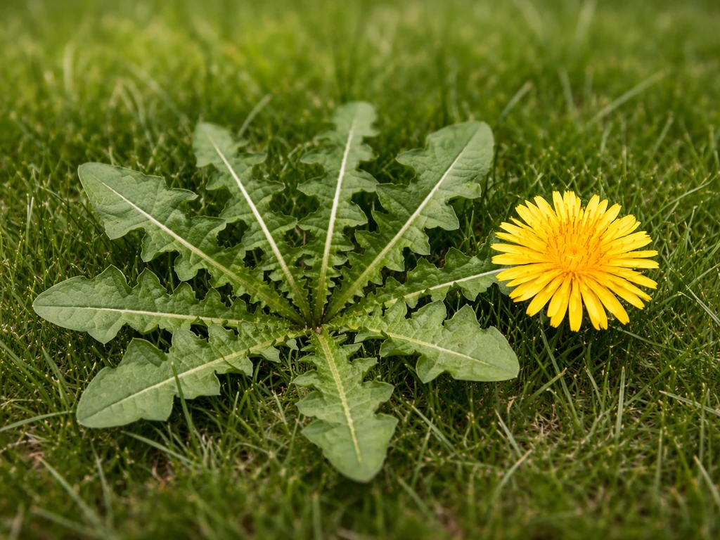 Gele paardenbloem met duidelijke rozet tussen het gras in een gazon, scherp en herkenbaar.