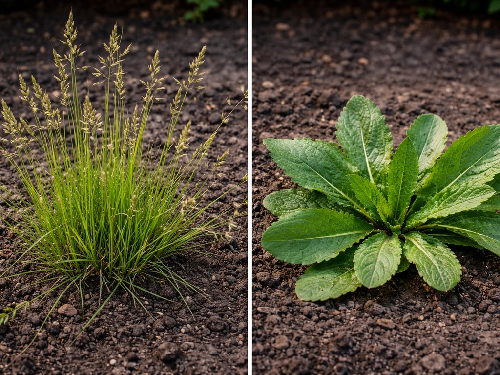Links bloeiend gras met rechte aren, rechts onkruid met brede bladeren en rozet in een kale tuinstrook.