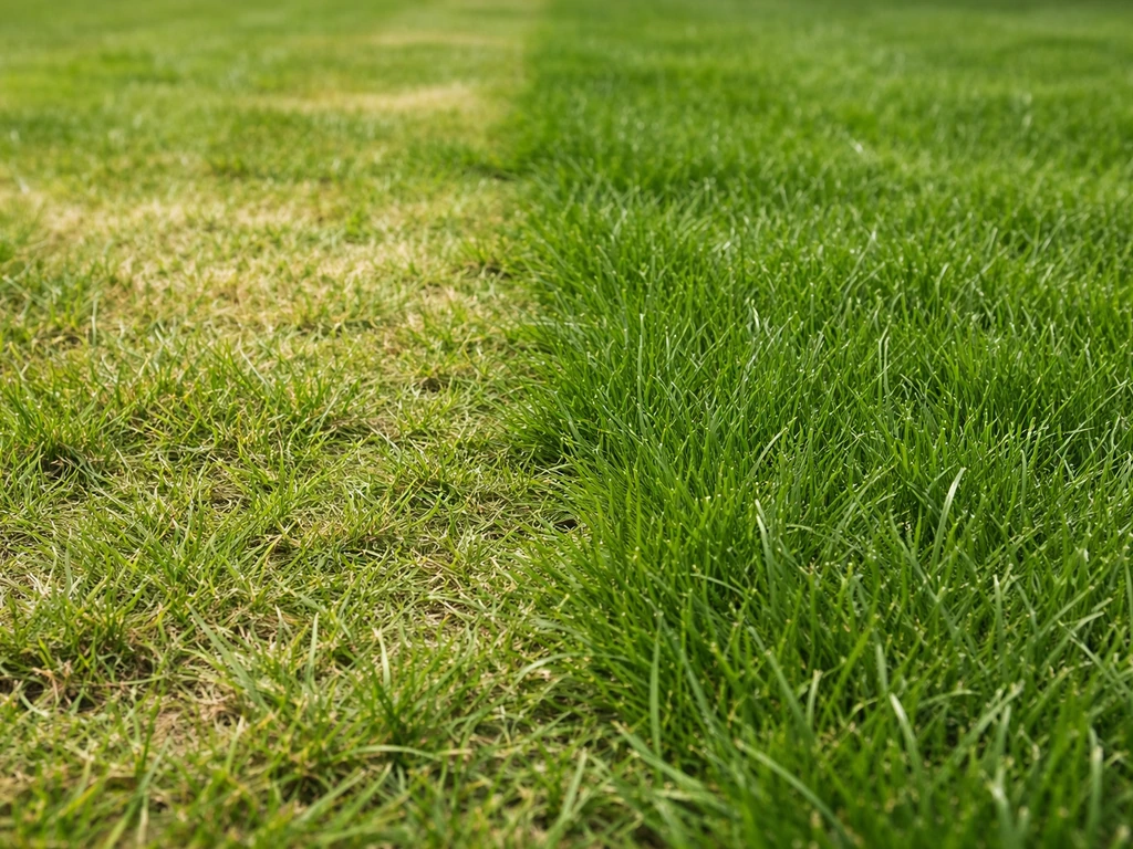 Close-up van een gazon met duidelijke lichtgroene en diepgroene plekken, zichtbaar verschil in grasgezondheid.