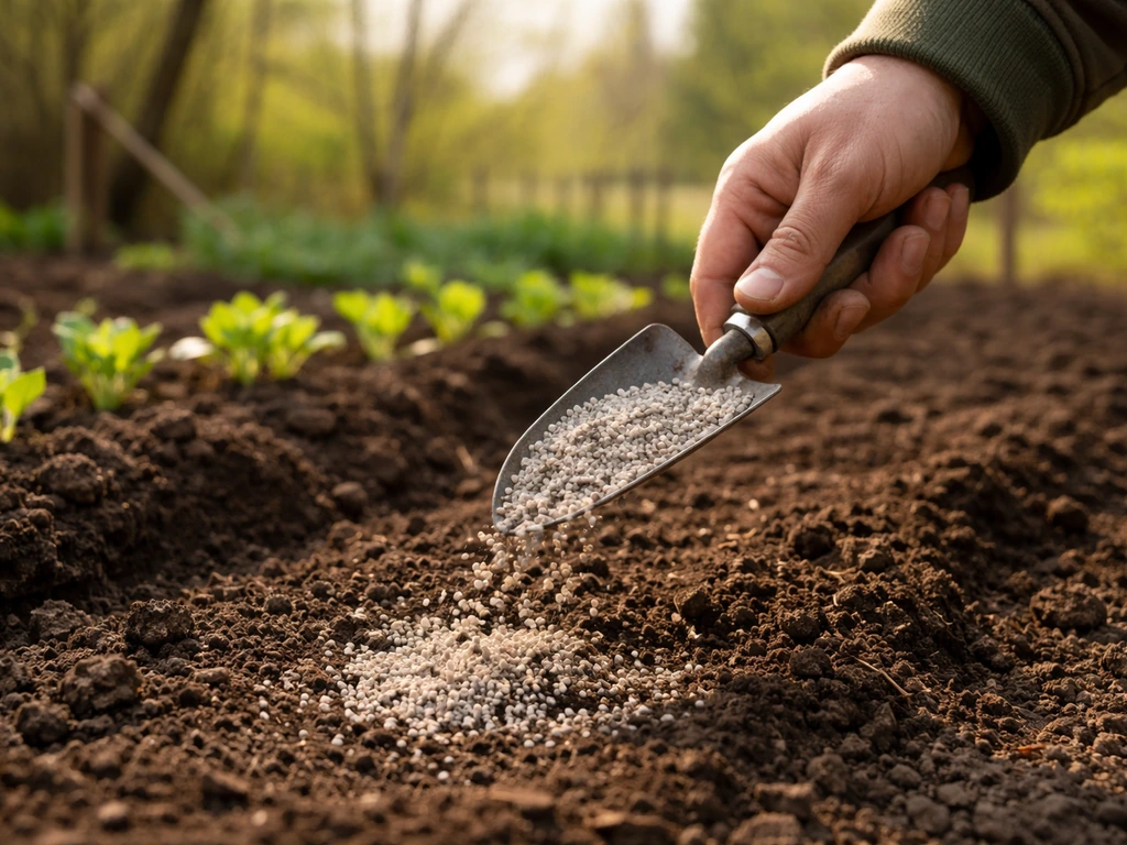 Hand strooit korrelige mest in donkere grond in het vroege voorjaar, met jonge plantjes op de achtergrond.