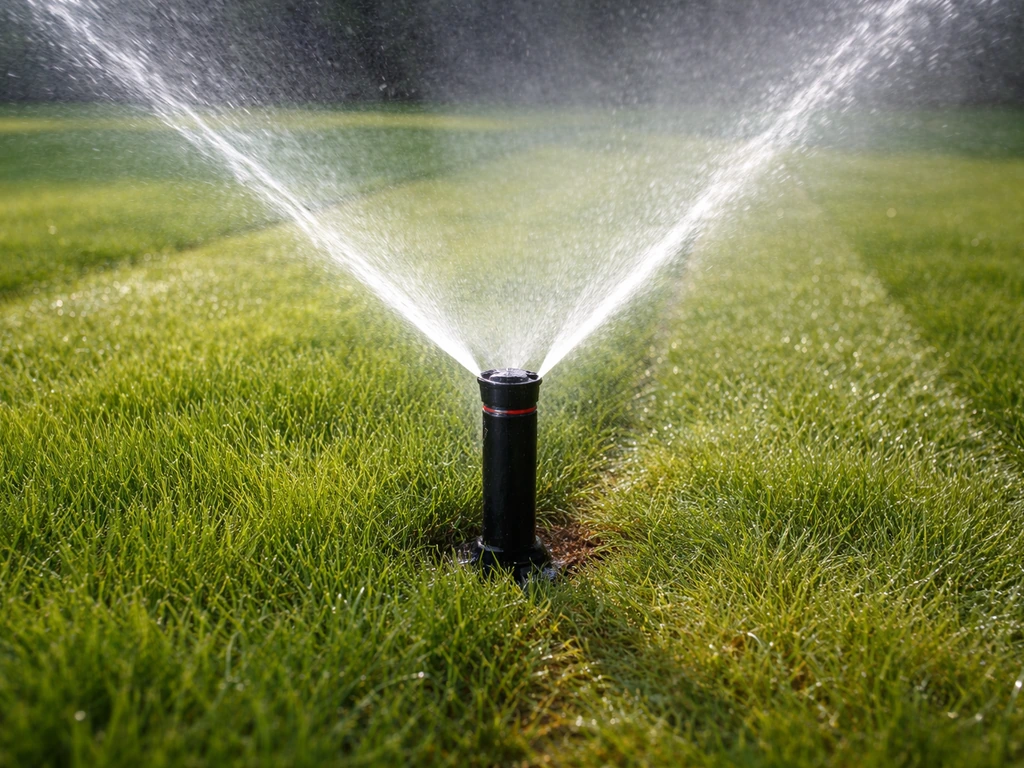 Grijze gazonberegeningskop die helder water sproeit over een groen gazon met zichtbare, natte stroken.