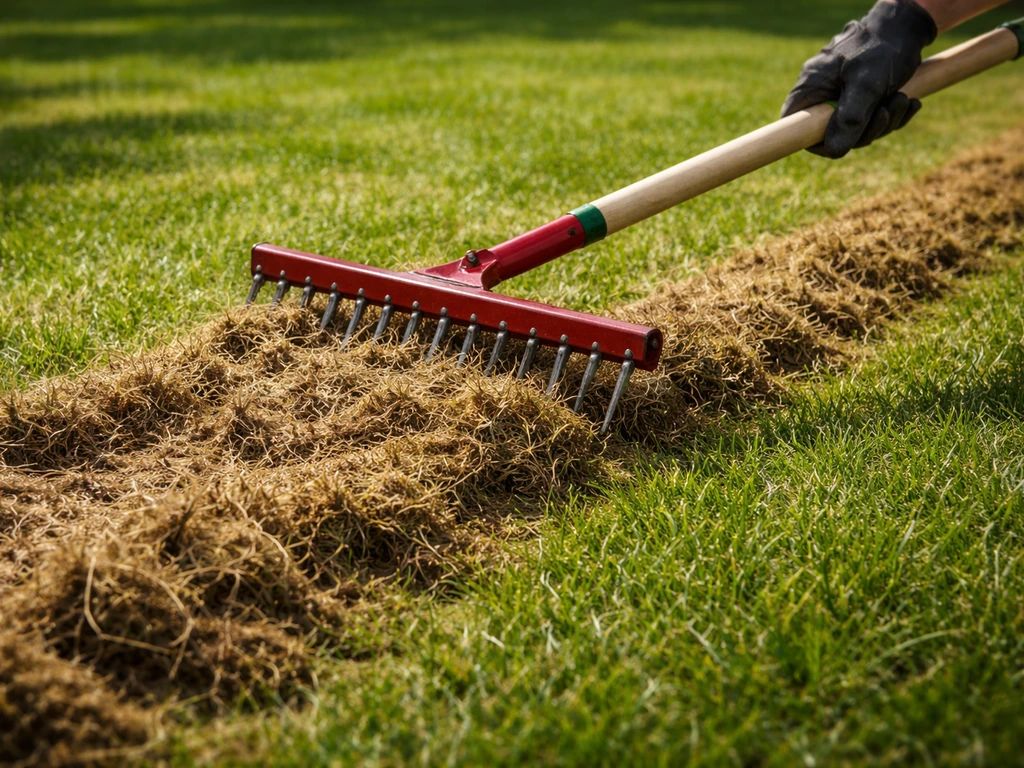 Verticuteerhark over een gazon, waarbij viltlaag zichtbaar loskomt en groener gras achterblijft.