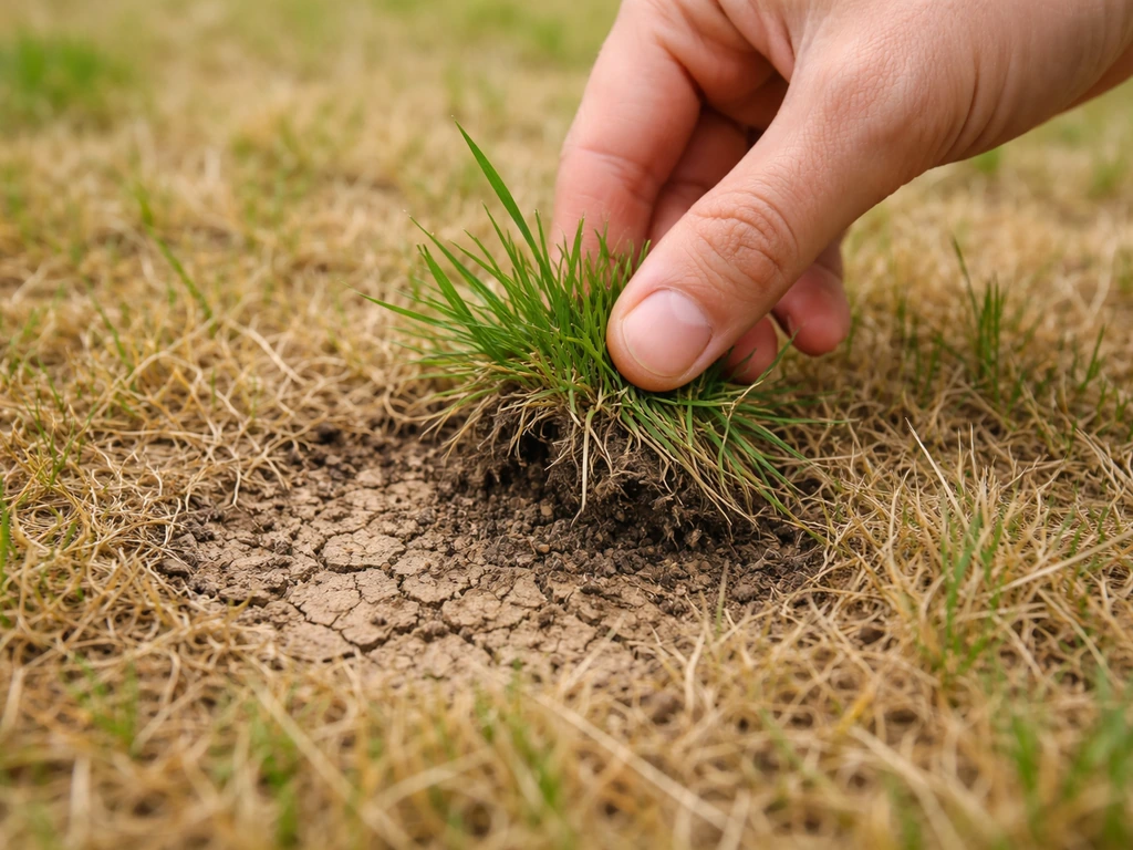 Hand die zachtjes in het gras op een gele plek trekt, met droge aarde en mogelijke wortelschade zichtbaar.