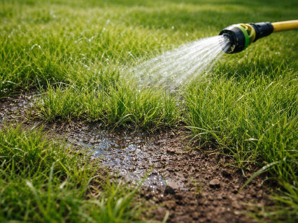 Close-up van vochtig gras na water geven, met tuinslang bij een droge plek in de tuin.