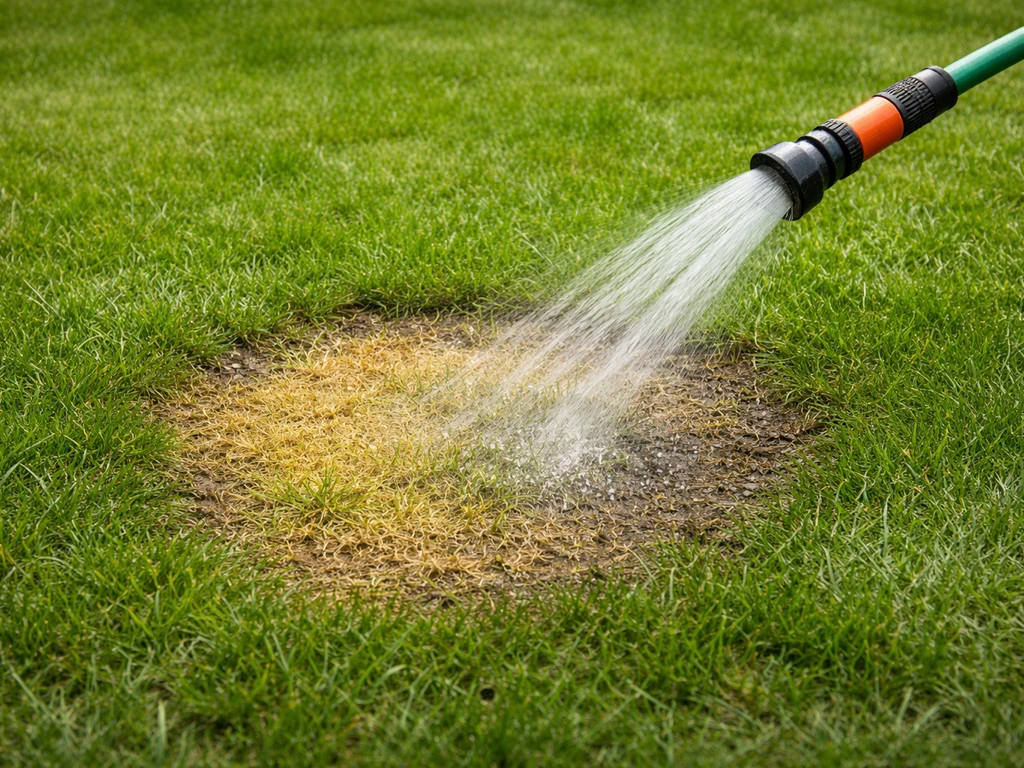 Tuingras met een gele cirkel, omringd door een tuinslang die snel water op de plek richt
