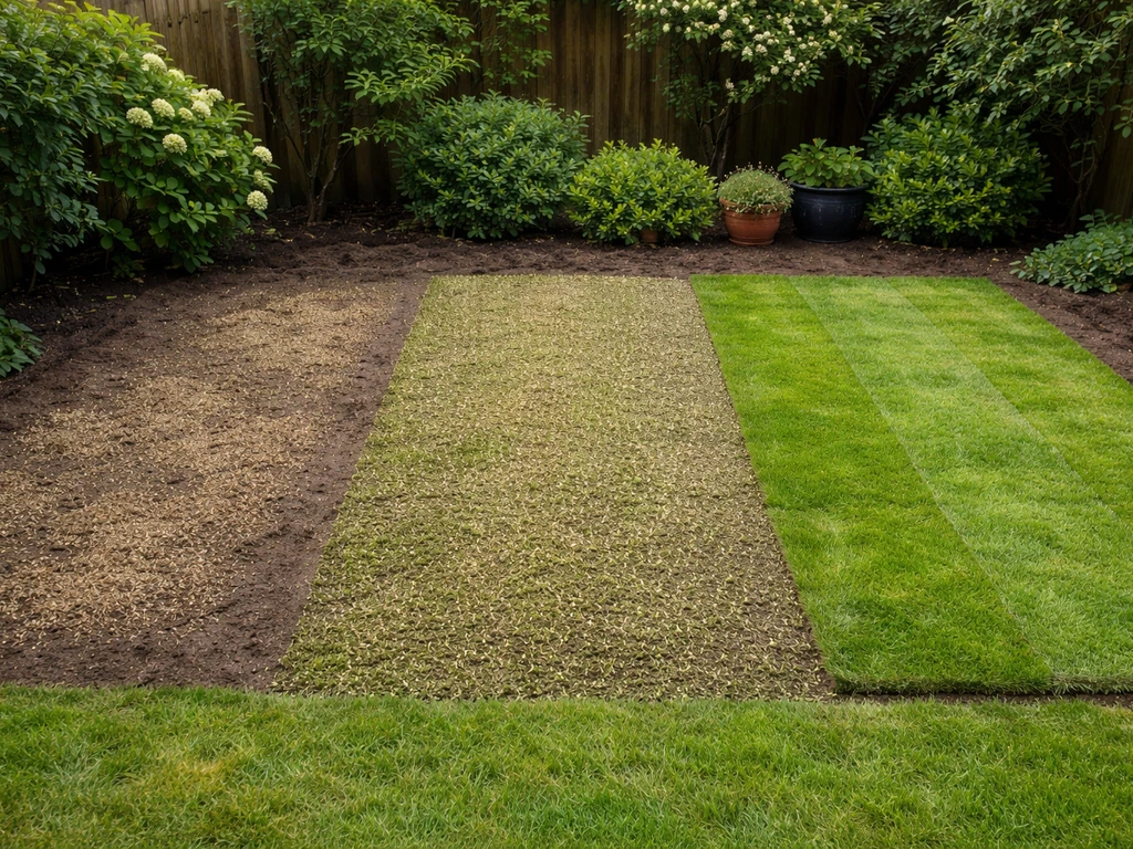 Tuin met drie kleine vakken: zaad op kale grond, fijn doorzaaien en nieuwe graszoden met aansluitende naden.