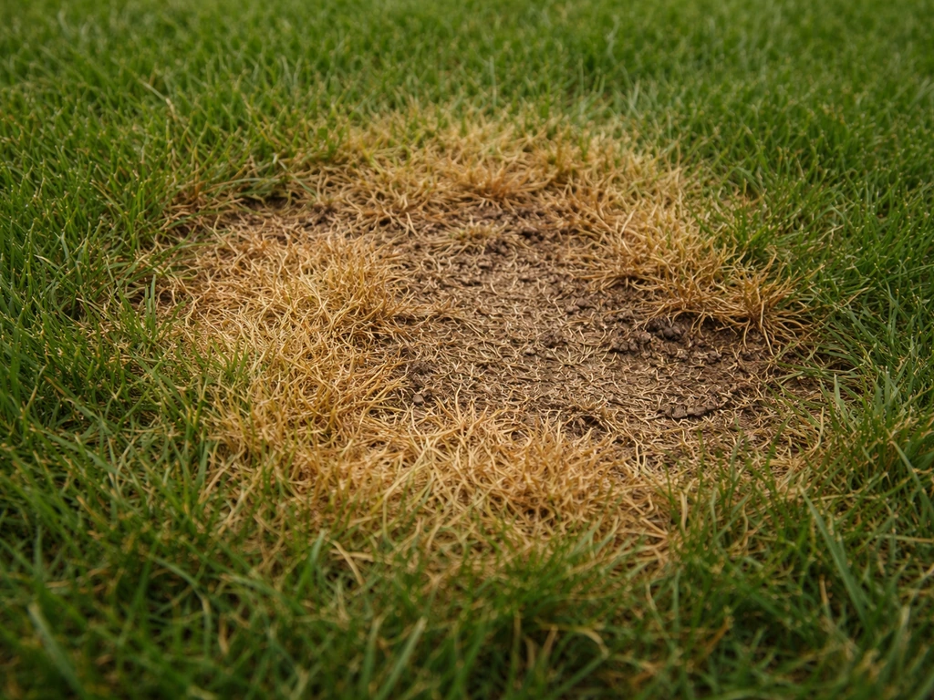 Close-up van geelbruine en bruine gazonplekken op gras die passen bij mestverbranding.