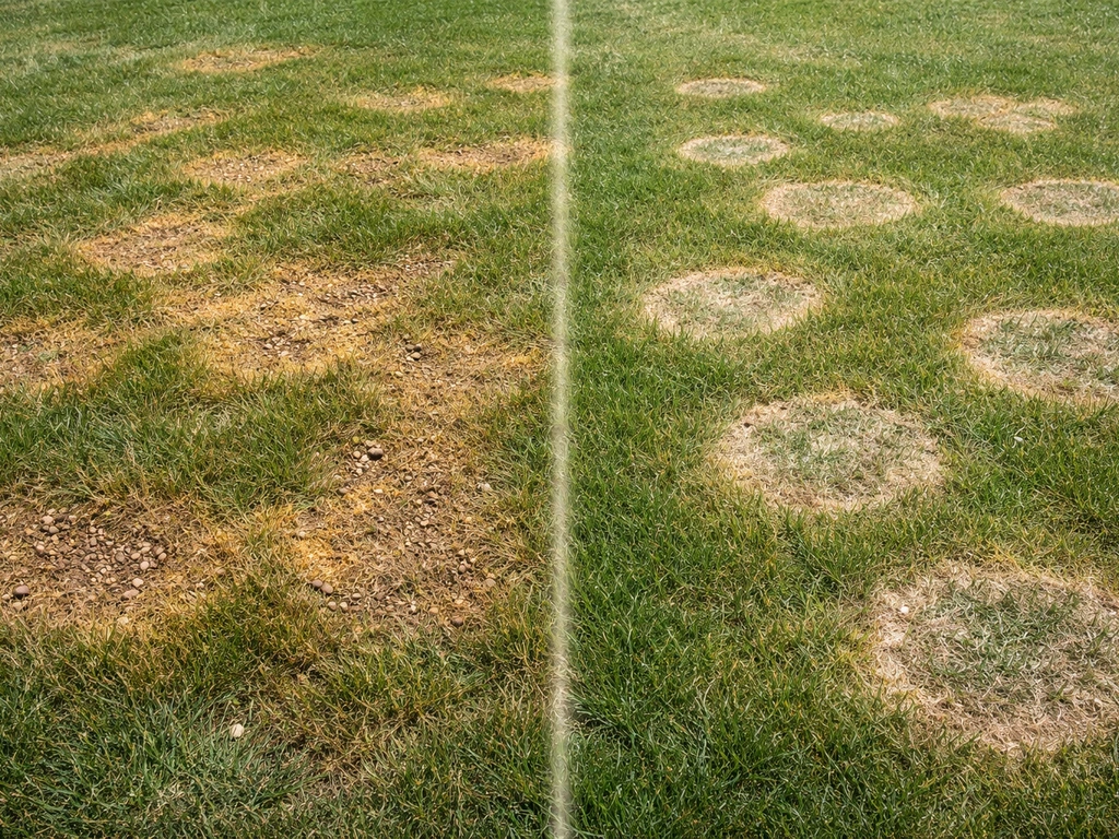Vergelijking op gras: links mestverbranding door korrels, rechts ronde schimmelplekken met webachtig waasje.