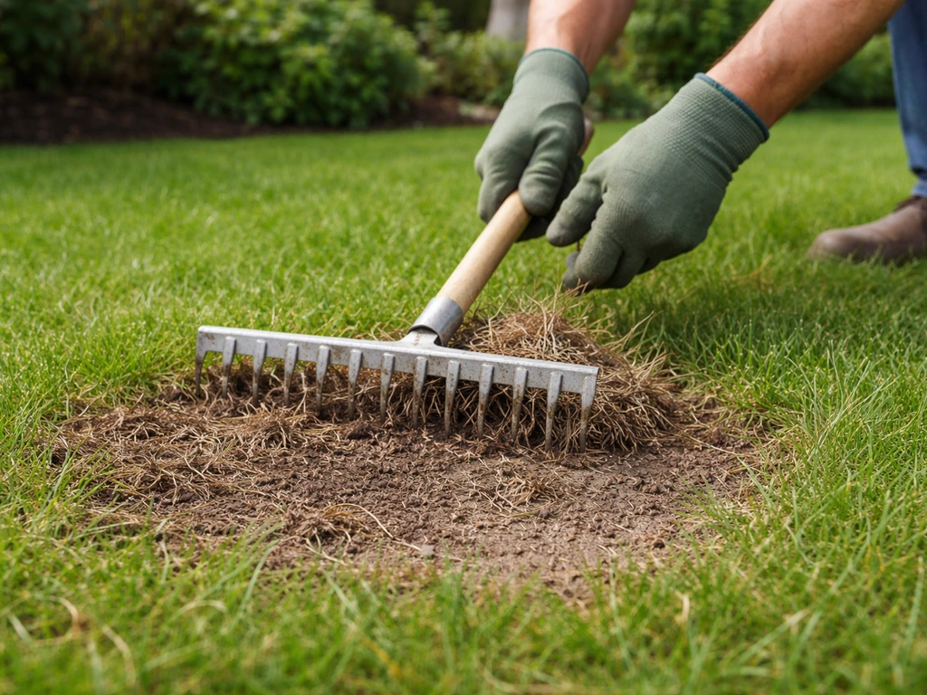 Handen en verticuteerhark die bruin dood gras en dode sprieten losmaken bij een kale plek in de tuin.