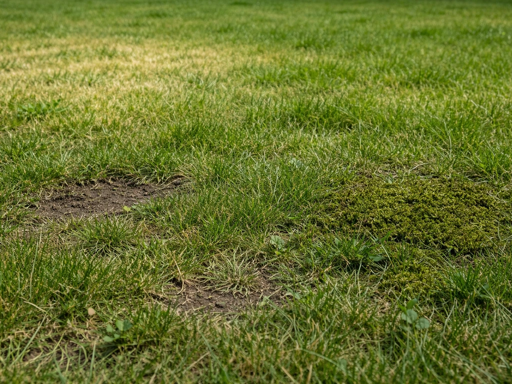 Close-up van een gazon met geel/bleekgroen gras, kale plekken en mos/vilt op één vlak.