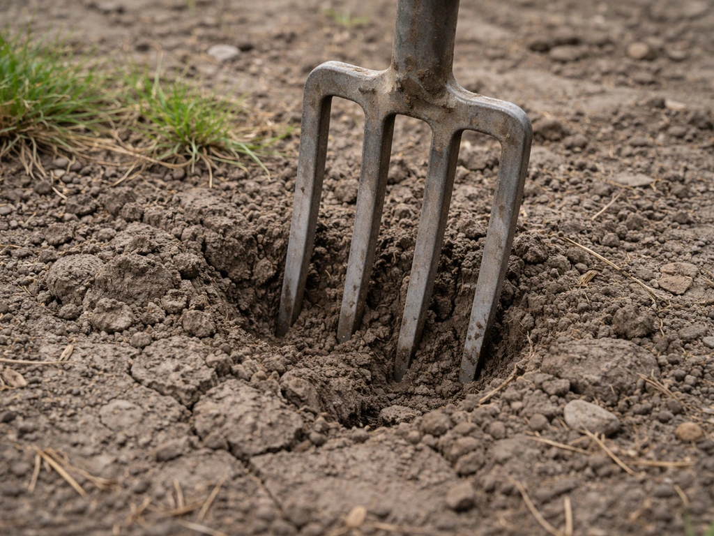 Tuindelgrond met beluchtingsvork die in verdichte, donkere klei prikt en slechte doorlatendheid suggereert.