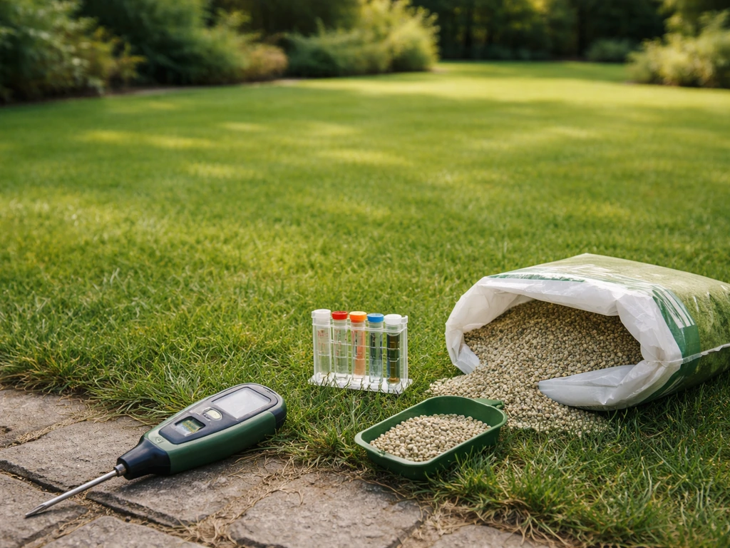 Groen gazon met pH-testset en handmatige pH-meter naast gazonmeststof op een rustige oprit