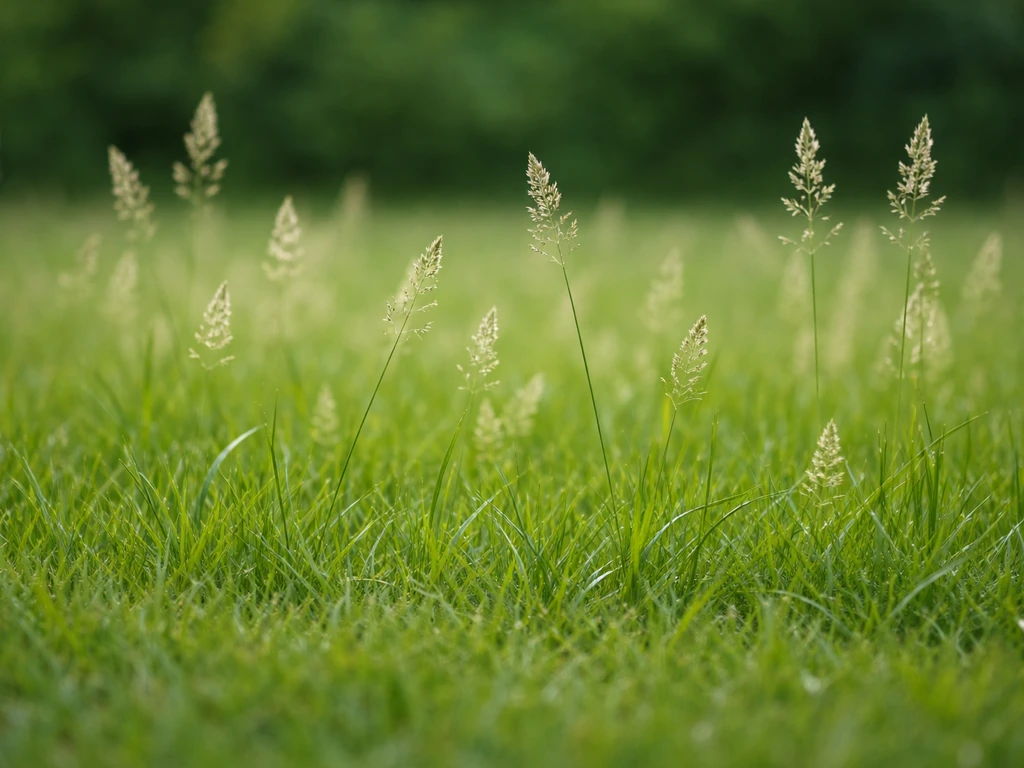 Nederlands gazon met bloeiend gras en zichtbare zaadpluimen, met dichte gezonde grasmat.