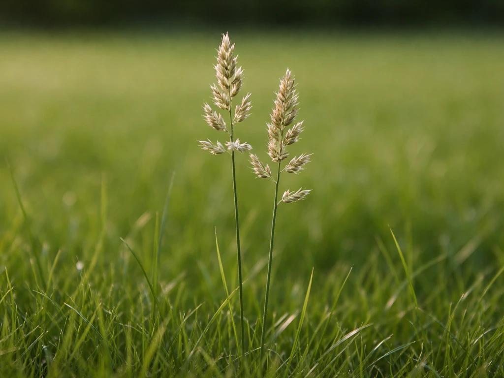 Close-up van grashalmen met zaadaren en pluimpjes in een gazon, die ’bloeiend gras’ toont zonder bloeiende weide.